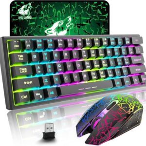 Wireless Gaming Keyboard and Mouse Combo with Ergonomic 61 Key Rainbow LED Backlight Anti-ghosting Mechanical Feel Rechargeable 4000mAh Battery Mouse