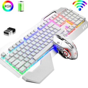 Wireless Gaming Keyboard and Mouse,Rainbow Backlit Rechargeable Keyboard Mouse with 3800mAh Battery Metal Panel,Removable Hand Rest Mechanical Feel