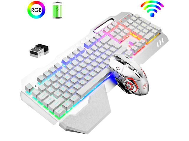 Wireless Gaming Keyboard and Mouse,Rainbow Backlit Rechargeable Keyboard Mouse with 3800mAh Battery Metal Panel,Removable Hand Rest Mechanical Feel