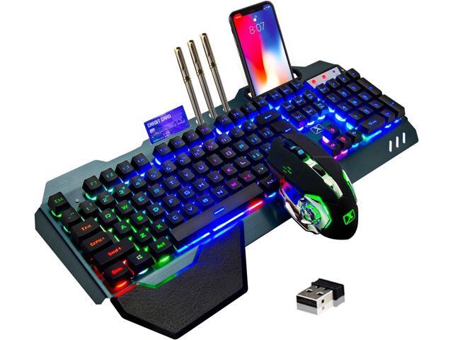 Wireless gaming Keyboard and Mouse,Rainbow Backlit Rechargeable Keyboard Mouse with 3800mAh Battery Metal Panel,Removable Hand Rest Mechanical Feel