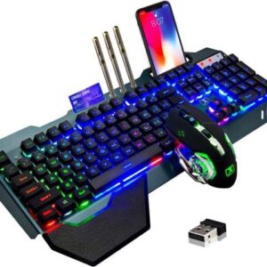 Wireless Gaming Keyboard and Mouse,Rainbow Backlit Rechargeable Keyboard Mouse with 3800mAh Battery Metal Panel,Removable Hand Rest Mechanical Feel