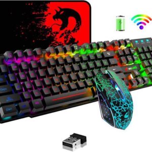 Wireless Gaming Keyboard and Mouse,Rechargeable Rainbow Backlit Keyboard Mouse with 3800mAh Battery,Mechanical Feel Gaming Keyboard,7 Color Gaming