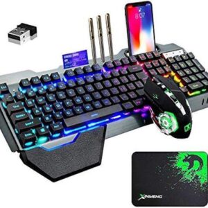 Wireless Gaming Keyboard and Mouse with Rainbow LED 16RGB Backlit Rechargeable 4800mAh Battery Metal Panel Mechanical Ergonomic Feel Waterproof