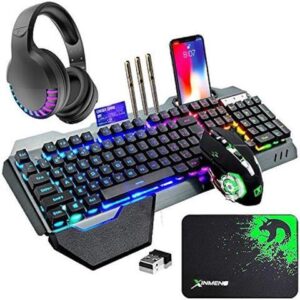 Wireless Gaming Keyboard Mouse Bluetooth Headset Kit with 16 RGB Backlit Rechargeable Battery Metal Mechanical Ergonomic Waterproof Dustproof