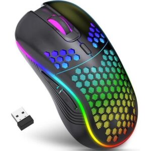 Wireless Gaming Mouse, Rechargeable Computer Mouse Ergonomic Mice Honeycomb Design with RGB Backlight, USB Receiver, 6 Buttons, Adjustable DPI