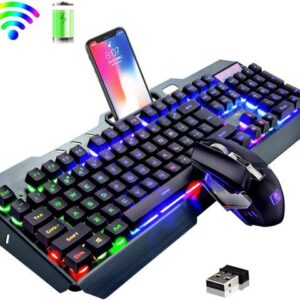 Wireless Keyboard and Mouse,Rainbow LED Backlit Rechargeable Keyboard Mouse with 3800mAh Battery Metal Panel,Mechanical Feel Keyboard and 7 Color
