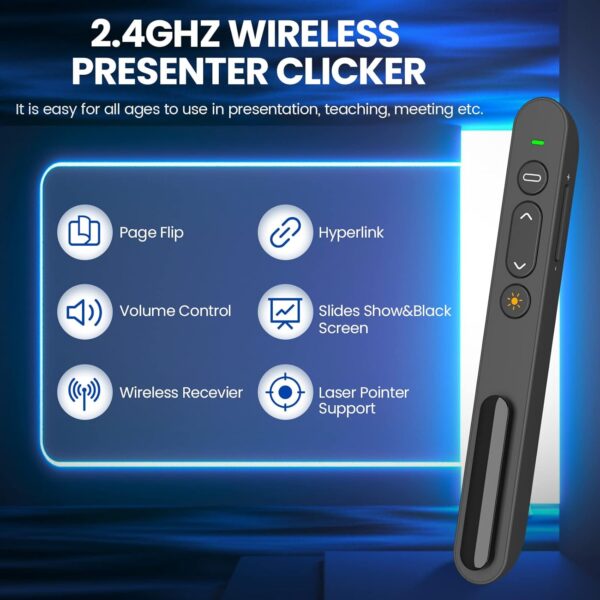 Wireless Presenter, 2.4GHz USB Control Presentation PPT PowerPoint Clicker for Keynote, Laptop, Google Slides - Support Hyperlink and Volume Control(1pcs)