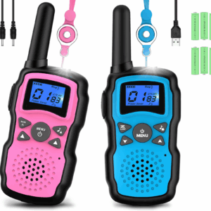 Wishouse Kids Walkie Talkies 2-Pack | Rechargeable, 22 Channels & Flashlight Lanyard (Pink & Blue)