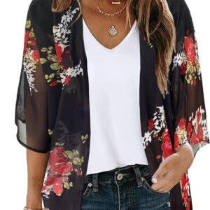 Women's Floral Print Puff Sleeve Kimono Cardigan Loose Cover Up Casual Blouse Tops