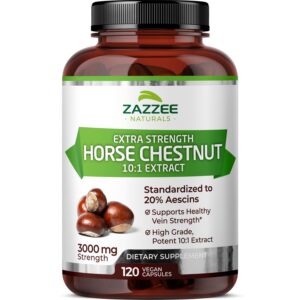 Zazzee Extra Strength Horse Chestnut 10:1 Extract, 3000 mg Strength, 20% Aescins, 4 Month Supply, 120 Vegan Capsules, Concentrated and Standardized 10X Extract, All-Natural,...