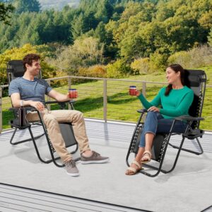 Zero Gravity Chair with Cup Holder & Removable Pillow, Adjustable Reclining Outdoor Patio Folding Chairs for Adults Portable Lounge Chair Furniture for Poolside, Lawn, Beach,...