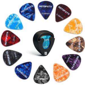18 Pack Celluloid Guitar Picks with Organizer Storage Box & Holder Case, 0.5 0.57 0.75 0.84 1.0 1.2 mm 6 Thin Medium Heavy Thickness & Variety Colorful Plectrums for Bass...