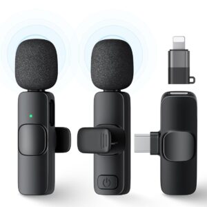 2 Pack Wireless Lavalier Microphone for iPhone,iPad,Android Phone, Mini Microphone Plug-Play Noise Reduction Wireless Mic, Clip on Lapel Mic for Video Recording Vlog YouTube...