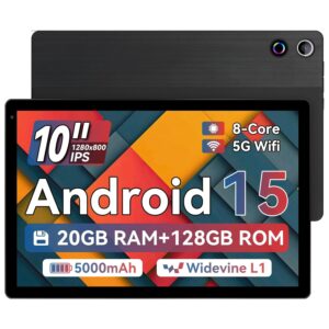 2025 Latest Tablet, Android 15 Tablet 10.4 Inch Octa-Core, 1280 x 800 IPS, 20GB RAM 128GB ROM 1TB TF, 5G WiFi 6, Bluetooth 5.3, 5MP + 8MP, Widevine L1, Black