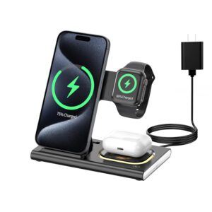 3 in 1 Foldable Charging Station for Apple Wireless Charger for iPhone 17 16 15 14 13 12 Series, Wireless Charging Station with Night Light for Apple Watch Charger for AirPods...