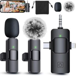 3 in 1 Professional Wireless Lavalier Microphone for iPhone, Android, Camera, Wireless Microphones, Mini Microphone, Crystal Clear Sound Quality for Recording, Live Streaming,...