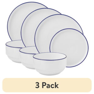 (3 pack) Mainstays 12-Piece Blue Rim Stoneware Dinnerware Set