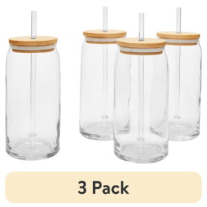 (3 pack) Mainstays Briar Can Glass Drinkware with Lids & Straws, Set of 4