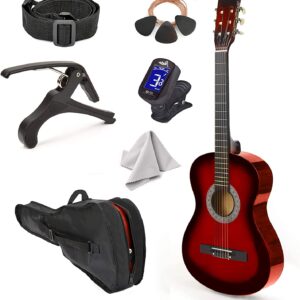 30" Left Handed Wood Guitar with Case and Accessories for Kids/Girls/Boys/Teens/Beginners (Red Gradient)