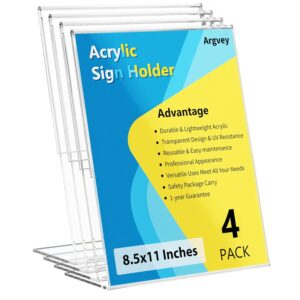 4 Pack Acrylic Sign Holder 8.5x11, Clear Plastic Slanted Back Sign Holders, Desktop Papers Menus Frame Flyer Document Holder Display Stand for Coffee Shops, Hotels, Offices,...
