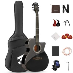41" Acoustic Guitar Kit for Beginner: 4/4 Full Size Cutaway Acustica Guitarra Bundle for Adult with Gig Bag, Tuner, Strap, Strings, Picks, Capo, FF60, Black