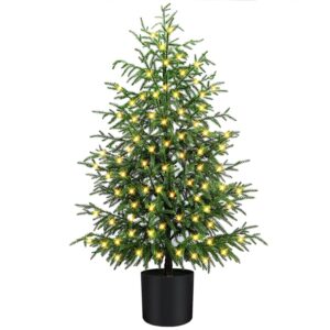 4FT Pre-Lit Artificial Norfolk Pine Christmas Tree – Realistic Potted Tree with 100 LED Lights & 8-Function Battery Box, Pre-Assembled Faux Holiday Décor for Indoor Use