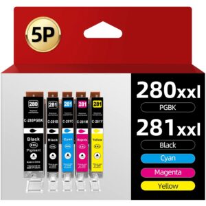 5 Pack PGI-280XXL CLI-281XXL Compatible Ink Cartridge Replacement for Canon 280 XXL 281 XXL use with PIXMA TR7520 TR7620 TR8520 TS6120 TS6220 TS8120 TS8220 TS9120 TS9520 TS6320...