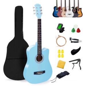 Acoustic Guitar 38 Inch Beginners Guitar Rosefinch Guitare Acoustique Wooden Guitar with Pick Picks Capo Tuner Strap Musical Instruments (Lightblue)