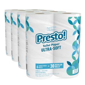 Amazon Brand - Presto! Mega Roll Toilet Paper, Ultra-Soft, 6 Count (Pack of 4), 24 Family Mega Rolls = 120 regular rolls
