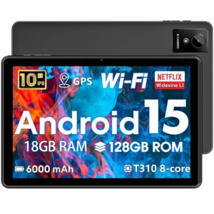 Android 15 Tablet 10 inch,2025 Newest Tablets,18GB RAM 128 ROM,1TB Expandable,Widevine L1 Compatible Octa-Core Tablet with WiFi 5,6000mAh,T310 CPU,Dual Camera(5MP+8MP)