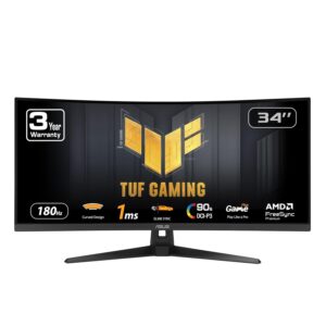 ASUS TUF Gaming 34” Ultra-Wide Curved Monitor (VG34VQ3B) – 21:9 QHD (3440x1440), 180Hz, 1ms, Extreme Low Motion Blur Sync, FreeSync Premium, Speaker, 90% DCI-P3, DisplayWidget...