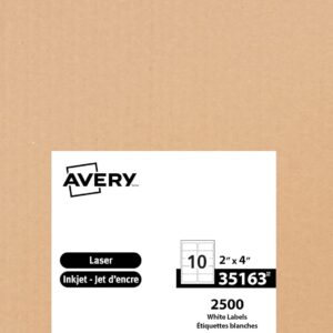 Avery 10up White Rectangle Labels 2" x 4", 250 Sheets, 2500 Labels, Matte White Paper, Permanent Adhesive, for Laser/Inkjet Printers, 35163, Made in Canada