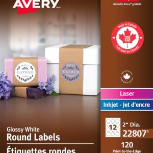 Avery 2" Inch Round Labels, Glossy White, Permanent, 120 Labels, Inkjet/Laser (22807) Made in Canada