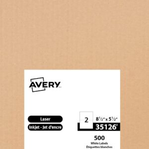 Avery 2 UP Printable Shipping Labels, 8.5" x 5.5" White Rectangle Labels, for Laser/Inkjet Printers, 500 Rectangle Labels, Permanent Adhesive, (35126), Made in Canada