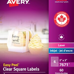 Avery Clear Square Labels, 3” x 3”, for Laser/Inkjet Printers, 60 Labels, 6UP, Edge-to-Edge Print, Permanent, (7671), Made in Canada