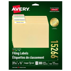 Avery Filing Labels with TrueBlock Technology for Laser/Inkjet Printers, 3-7/16" x 2/3", Assorted Colours, Filing Tab Labels, Folder Labels. Rectangle, 300 Labels, Permanent...