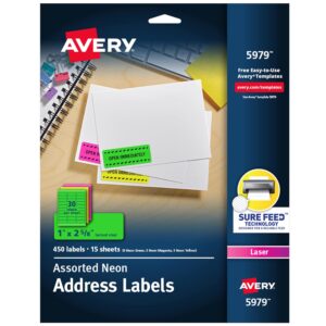 Avery Fluorescent Neon Labels, 1" x 2-5/8", Assorted Fluorescent Neon Labels, 450 Labels, Rectangle, Permanent (5979) Made in Canada