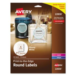 Avery Glossy White Round Labels, 2.5" Round Labels, for Laser/Inkjet Printers, Glossy White, 90 Labels/Pack, Permanent (22830) Made in Canada