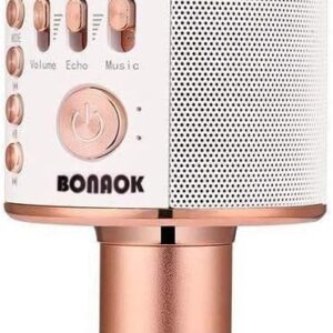 BONAOK Wireless Bluetooth Karaoke Microphone,3-in-1 Portable Instrument Wireless Microphone Mic Speaker Machine Home Party Birthday for All Smartphones(Rose Gold)