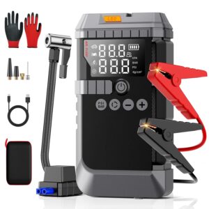 Car Jump Starter with Air Compressor, 6000A 160PSI Car Booster Pack(All Gas/12L Diesel), Battery Power Pack with Jump Cables, Tire Pressure Monitoring, 800Lumen Lights, Gloves