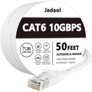 Cat 6 Ethernet Cable 50 ft, Outdoor&Indoor 10Gbps Support Cat8 Cat7 Network, Flat Internet RJ45 LAN Patch Cords, Solid High Speed Computer Wire with Clips for Router, Modem,...