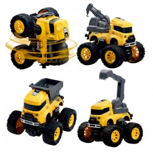 Construction Monster Truck Toys - 4pcs Excavator, Mixer, Crane, Dump Trucks Toy | Push and Go Friction Powered Cars Stunt Vehicles Playset | Kids Birthday Party Favors Gifts for...