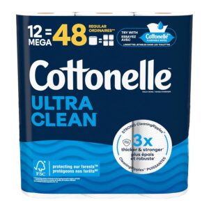 Cottonelle Toilet Paper, 12 Mega Rolls = 48 Regular Rolls, Ultra Clean, Strong Bathroom Tissue, 284 Sheets per Roll, Packaging May Vary