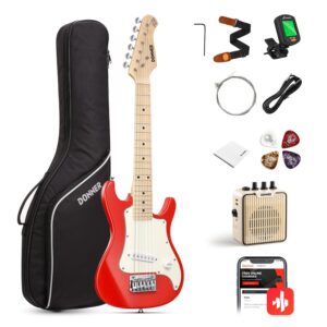 Donner 30 Inch Electric Guitar Kid Beginner Kit ST Style Mini Size ST Electric Guitar Junior Starter Package Red with Amp, 600D Bag, Tuner, Picks, Cable, Strap, Extra Strings...