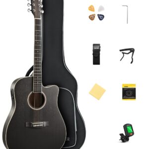 Donner 41-Inch Acoustic Electric Guitar Kit for Beginners, Full Size with Capo, Picks, Tuner, Strings, Strap - Black