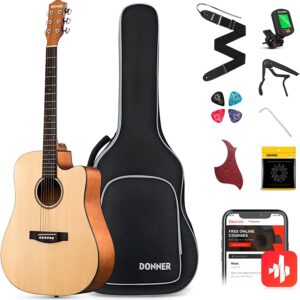 Donner Beginner Acoustic Guitar for Adult Full Size 41 Inch Cutaway Acoustique Guitare Bundle Kit with Gig Bag Tuner Capo Pickguard String Strap Picks Cloth, Right Hand,...