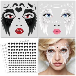DPKOW Halloween Tattoos Angels Face Tattoos Gems Halloween Makeup Accessories, Black and White Angel Face Stickers Angel Wings Costume Accessories Woman Make-Up Supplies