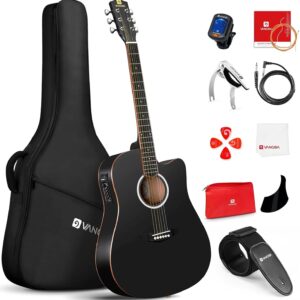 Electric Acoustic Guitar, Full Size 41 Inch Acoustic Guitar Cutaway Bundle with Pickups for Beginners Adults Teens, Matte Black, by Vangoa