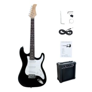 Full-Size 39“ Adult/Teenager/Beginner Electric Guitar Black with 5W Amplifier (powered by 9V battery or adaptor - not included), Extra Strings, Cable and Guitar Pick