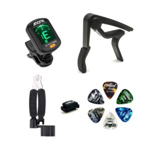 Guitar Accessories Kit, Clip On Guitar Tuner, Guitar Capo（Rosewood Colour）, Guitar String Winder Cutter Pin Puller 3 in 1 tool, Guitar Strap, 6 Guitar Picks(6 Thickness） (black)